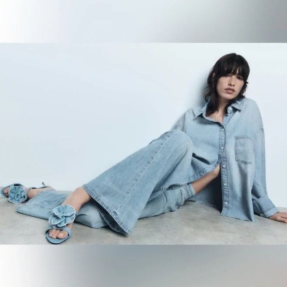 ZARA FLORAL HIGH HEELED DENIM SANDALS - Picture 1 of 6